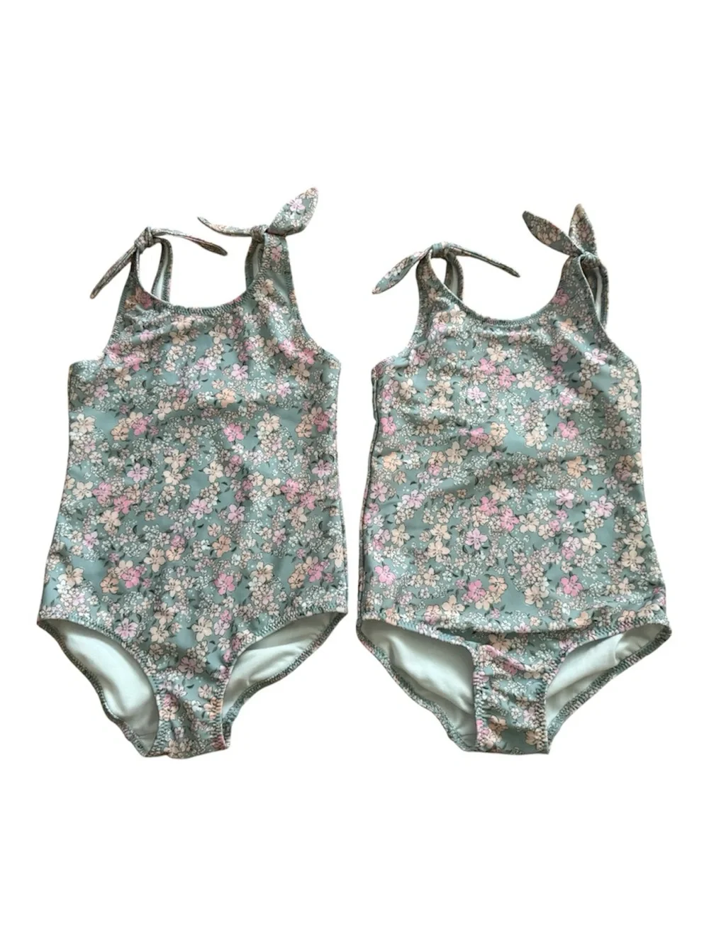 Twin Matching Floral Tie Shoulder One Piece Swimsuits H&M Mint & Pink